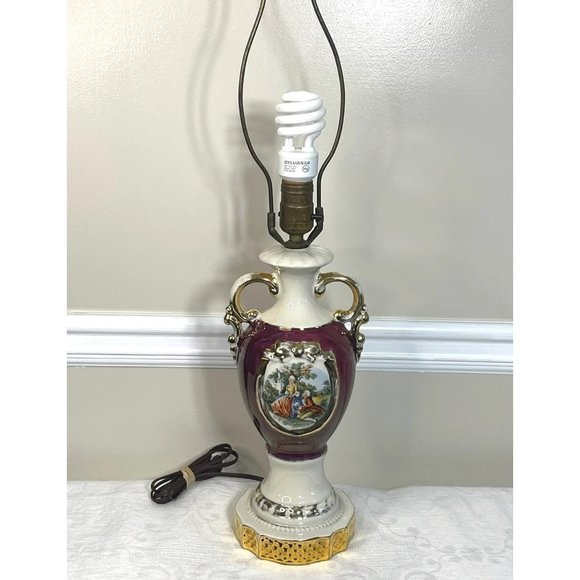 Vintage Porcelain Urn Style Table Lamp Victorian Scene Colonial Couple - Picture 1 of 12